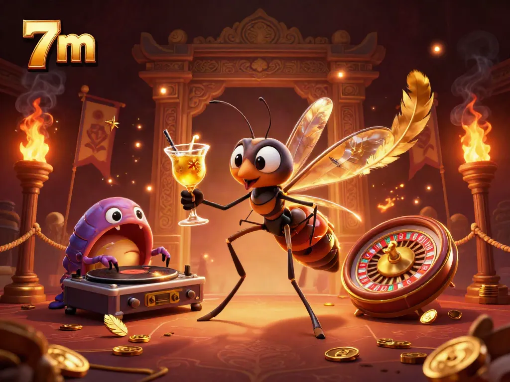 Experience 7 m excitement with a frozen mosquito mascot, trilobite DJ, and golden roulette wheel in dynamic casino scene.