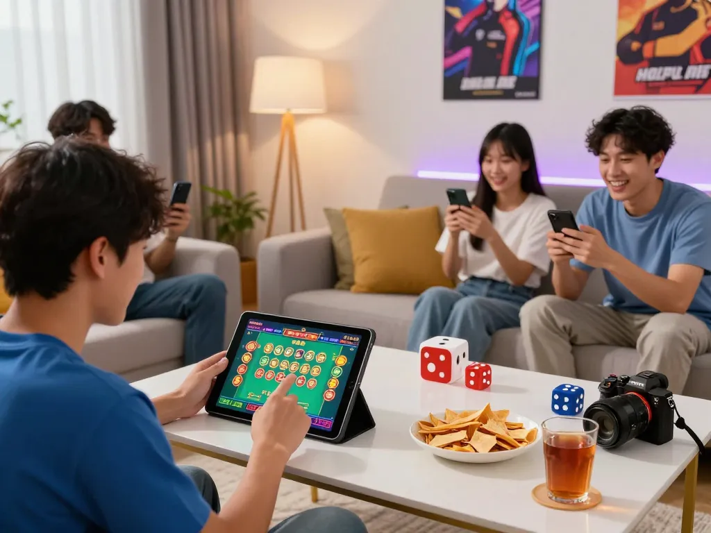 Engaging young adult playing tài xỉu online with friends in a cozy gaming setup.