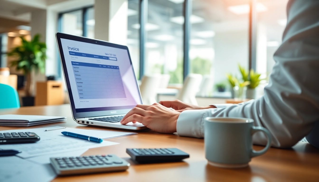 Efficiently managing invoices using invoice processing software on a laptop in a bright office.