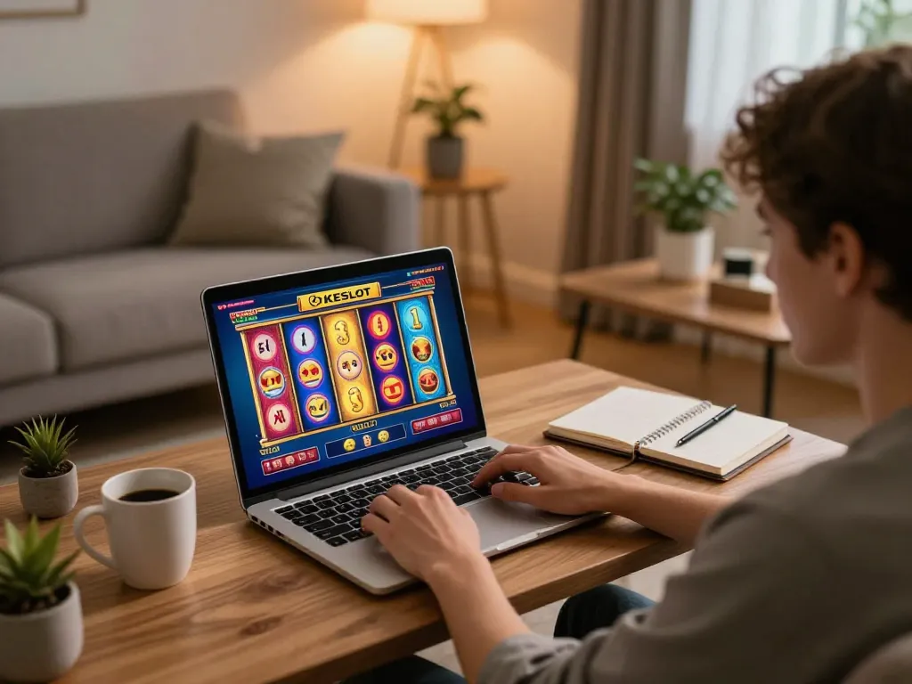 Pemainan slot online yang menarik di OKESLOT ditampilkan di layar laptop di ruang tamu yang nyaman.