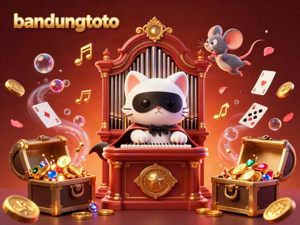 Experience excitement with bandungtoto as a phantom cat plays at a gaming organ amidst gold coins and confetti.