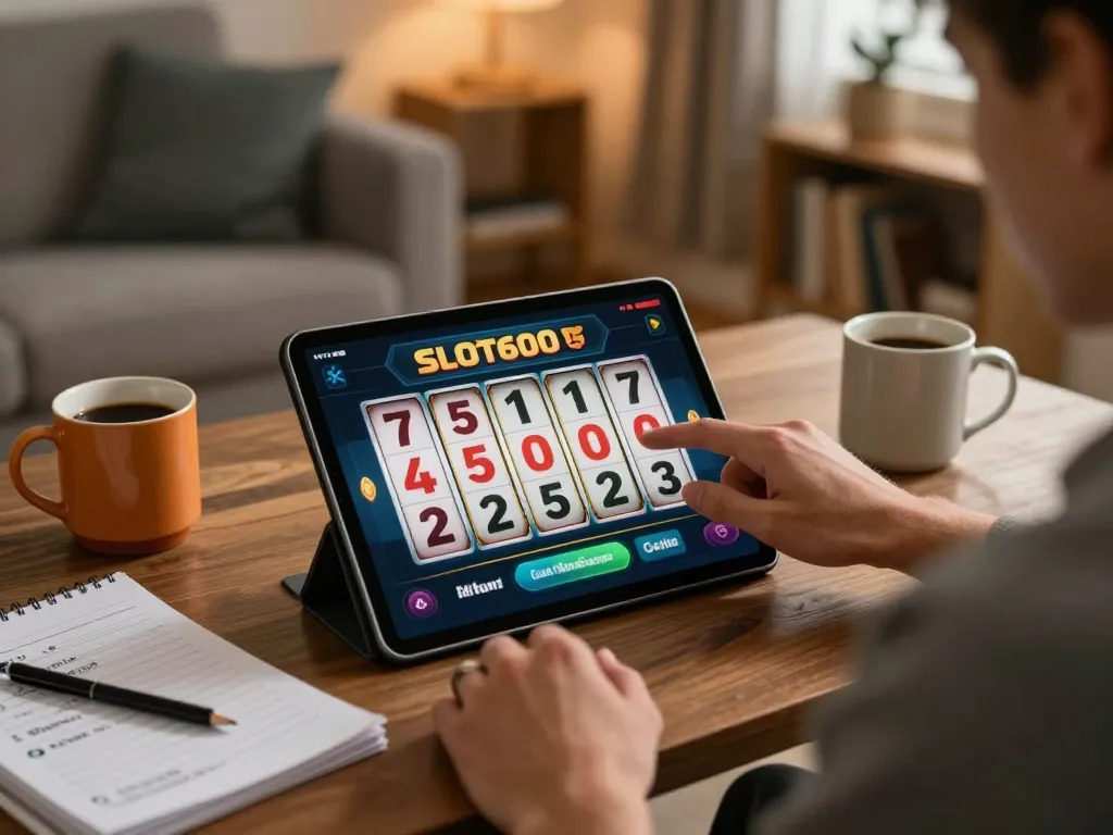 SLOT6000 player enjoying online slot gaming at home with tablet and strategy notes.