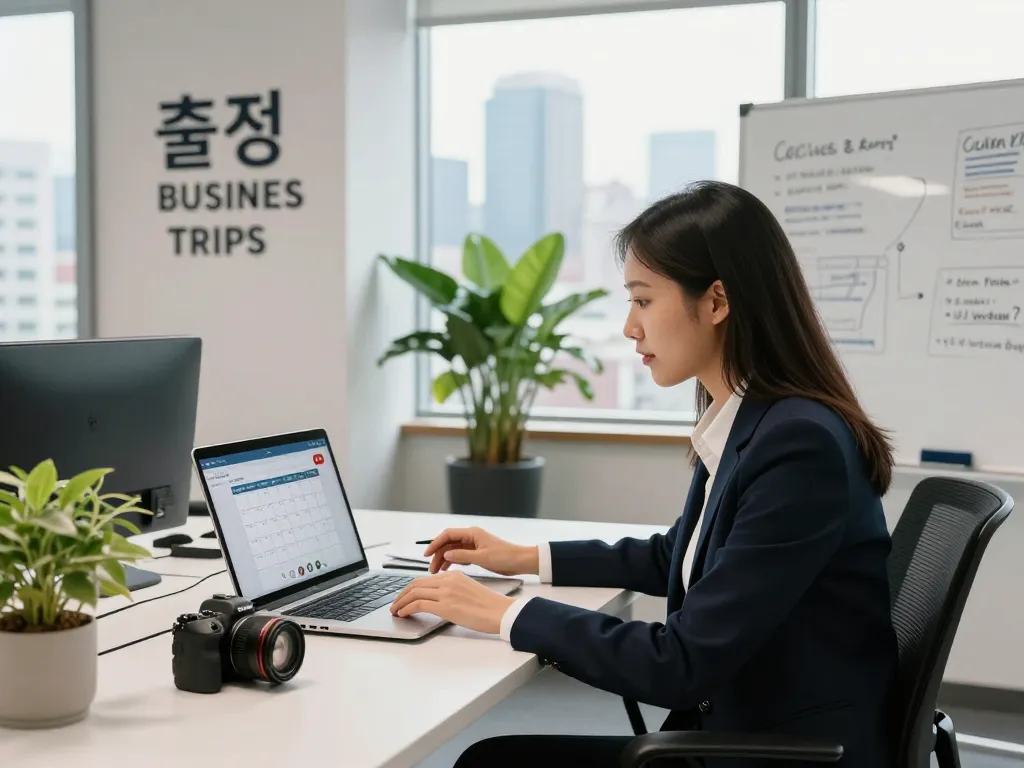 Professional discussing 출장 plans in a bright co-working space