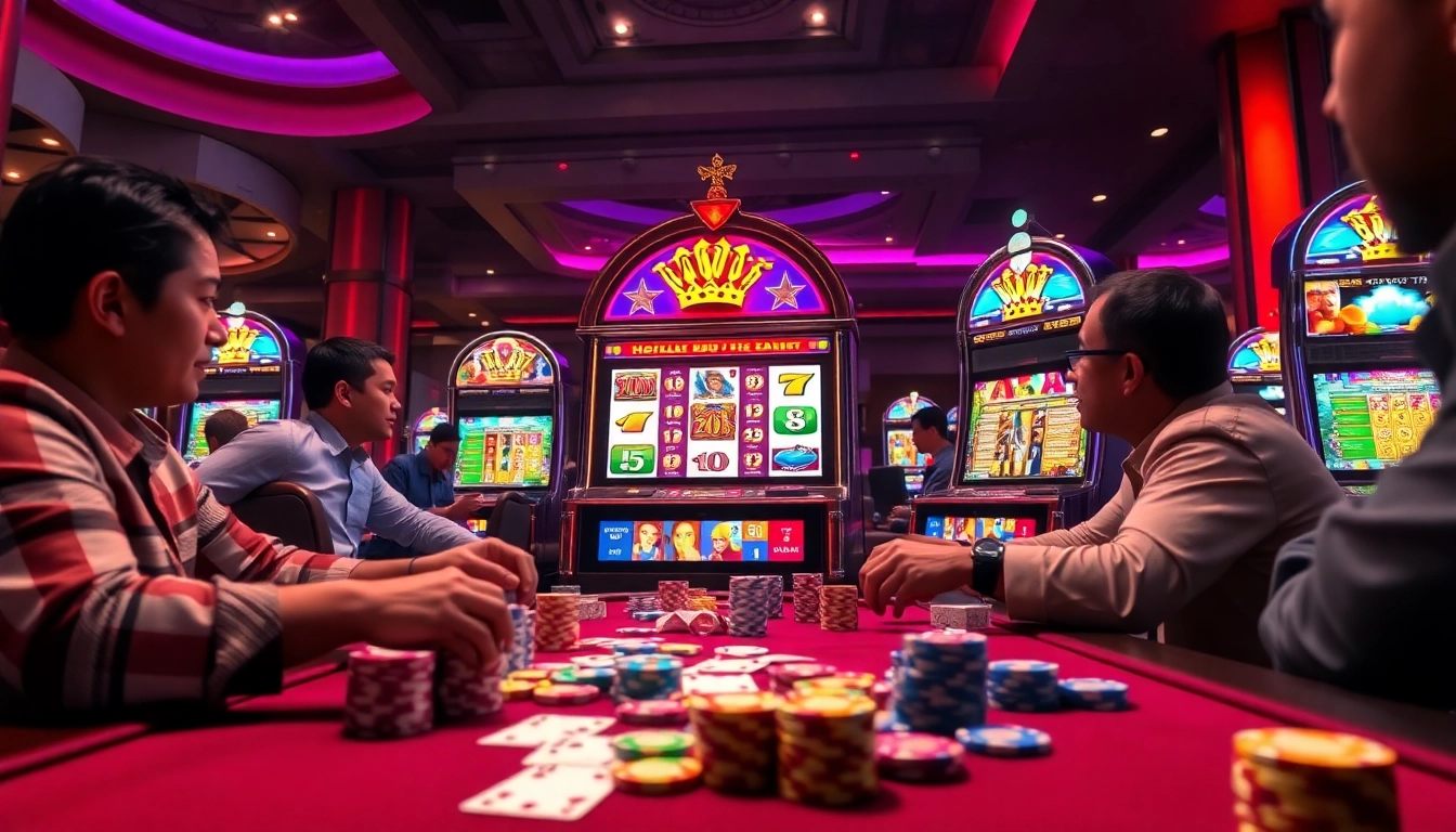 Engaging players enjoying a pg slot machine in a vibrant casino atmosphere filled with poker chips and excitement.