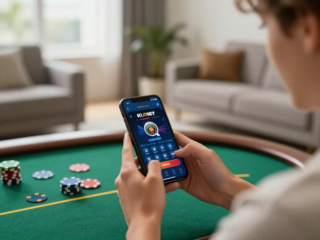 Player enjoying the ku bet app on smartphone in a stylish home setting