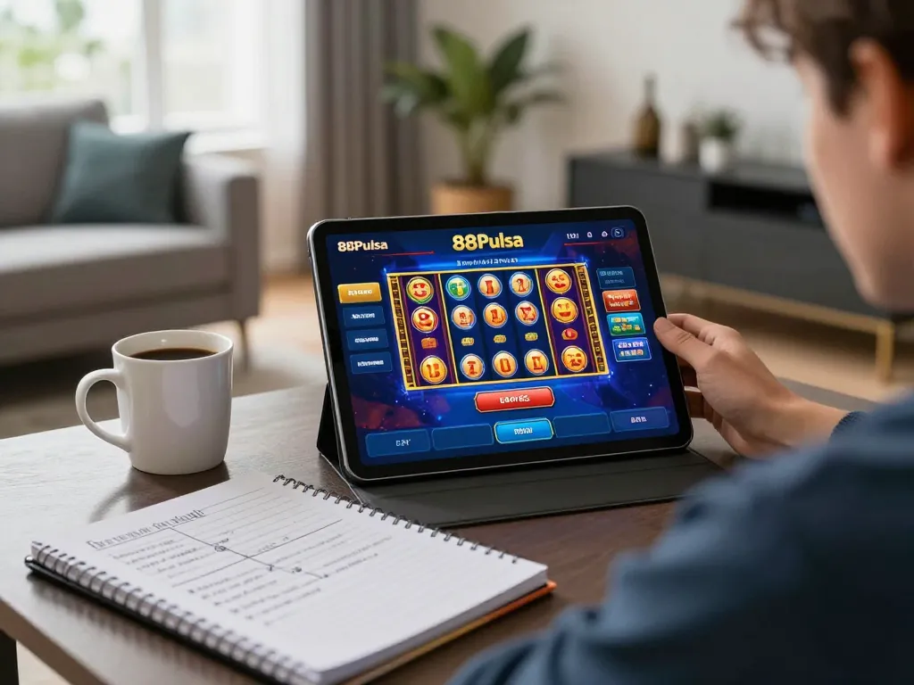 Terlibat dalam perjudian online dengan 88Pulsa di tablet dalam pengaturan rumah yang nyaman.