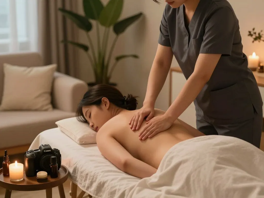 A tranquil 서울출장마사지 session in a cozy living room with a therapist and calming elements.