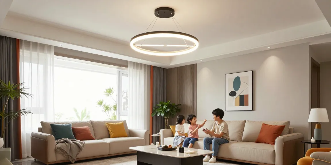 Lustra living elegantă cu iluminare LED în living modern, atmosferă primitoare.