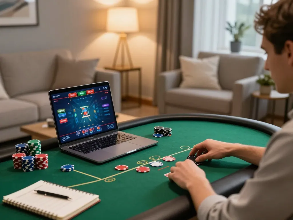 Engaging in poker gameplay on 888top's online platform in a cozy home setting.
