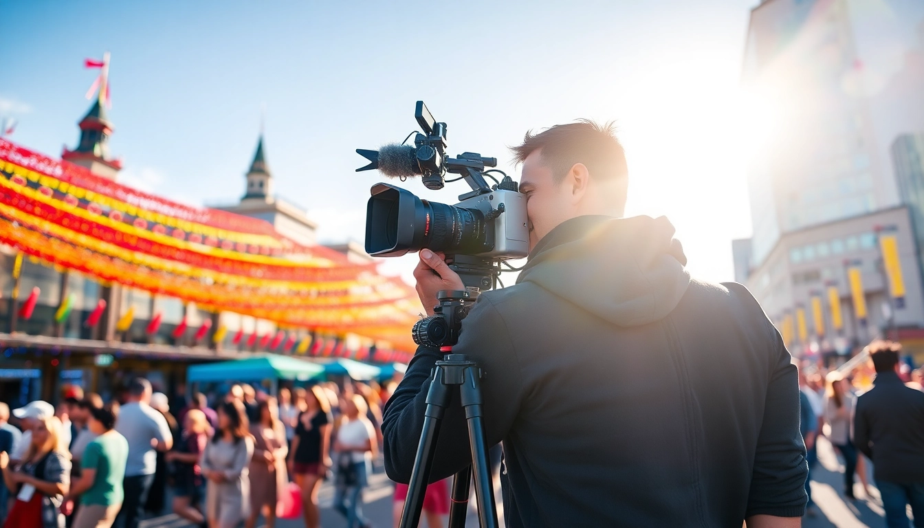 Edmonton videographer capturing an outdoor event in a vibrant city setting.