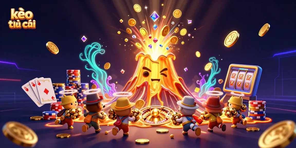 Bettors rush to claim treasures as kèo nhà cái comes alive with golden coins and vibrant casino elements.