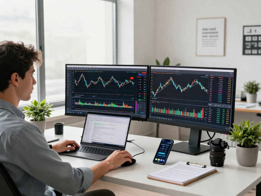 使用metatrader 5的交易者在现代办公室里分析市场动态，多个屏幕显示实时数据和图表。