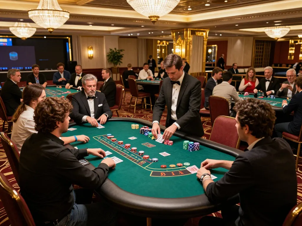 Baccarat Là Gì scene: Players engaged in intense Baccarat gameplay at a casino table with cards and chips