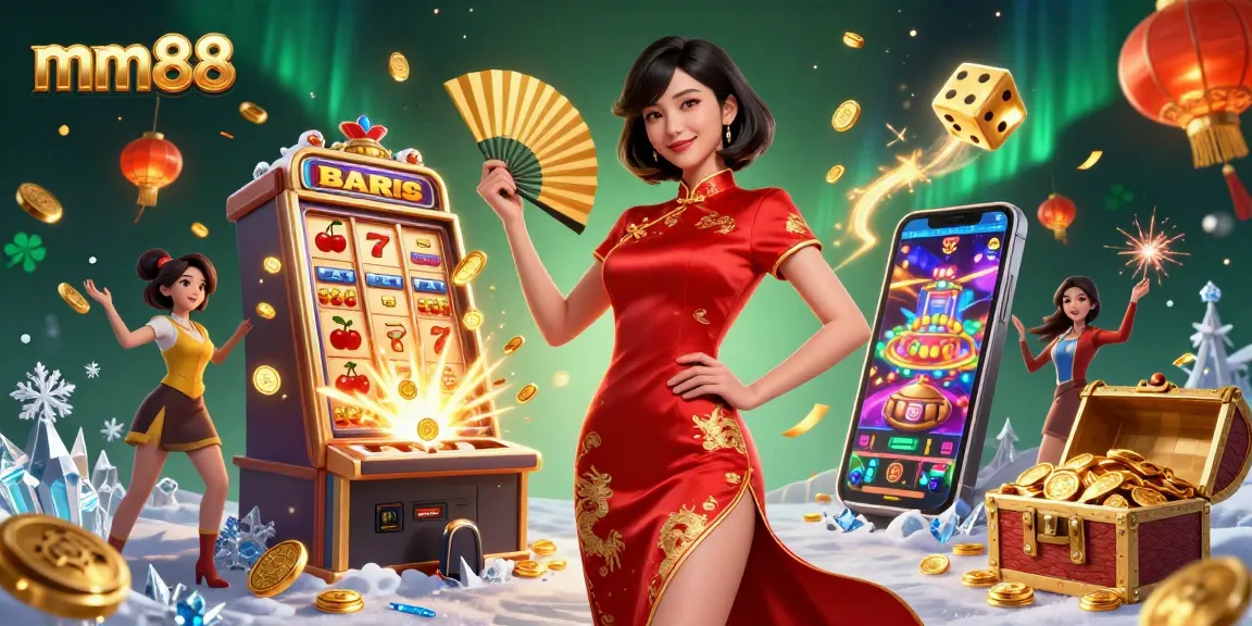 Win big with mm88 at this vibrant jackpot scene featuring dynamic slot elements and a stunning Asian woman.