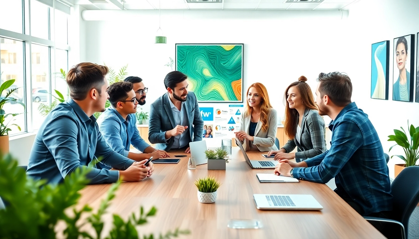 Group of professionals brainstorming in a social media agency office, showcasing teamwork and creativity.
