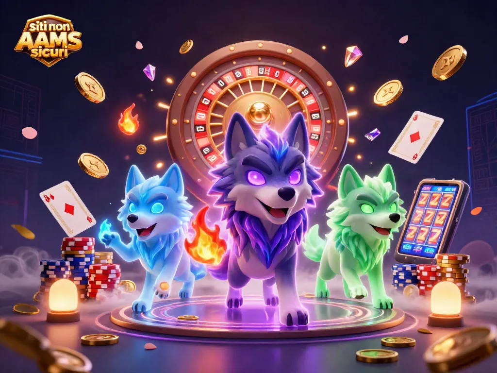 Giocando ai siti non AAMS sicuri con simboli di successo e premi in un ambiente da casinò vibrante.
