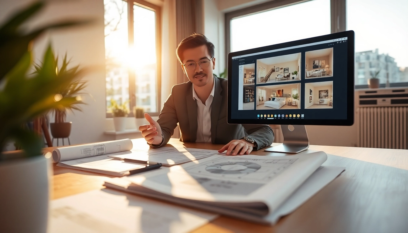 Architekt wnętrz online przy biurku, koncentrując się na projektach z użyciem nowoczesnych narzędzi.