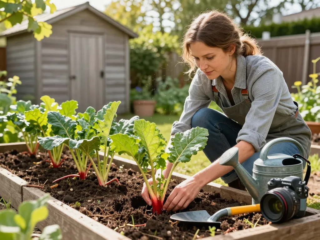 Gardener engaging in planting rabarber stekken kopen in lush garden, surrounded by vibrant tools and greenery.