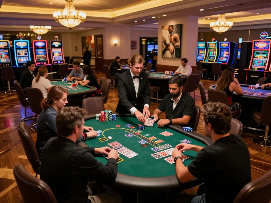 Players engaging in blackjack at a casino table with excitement, showcasing 789 tactics on chips and cards.