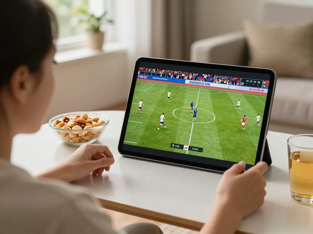 Socolive user enjoying live football streaming on tablet in a warm home setting.