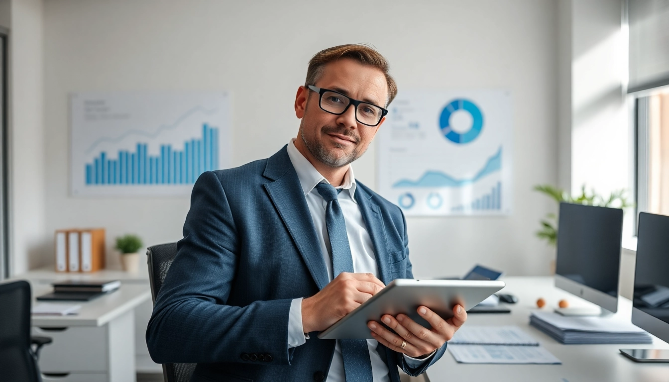 Engaging debt collection uk agent analyzing data in a professional office environment.