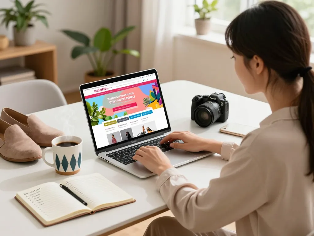 Shopping online at https://hubet88.icu/, a woman enjoys a cozy home environment with coffee and stylish decor.
