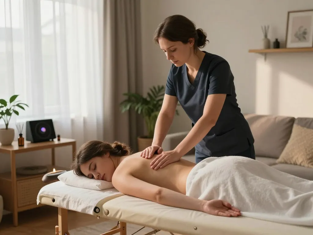 https://www.russiamobilemassage.com에 의한 집에서의 모바일 마사지 서비스, 아늑한 거실 공간에서 편안한 세션을 제공하는 전문 치료사를 보여줍니다.