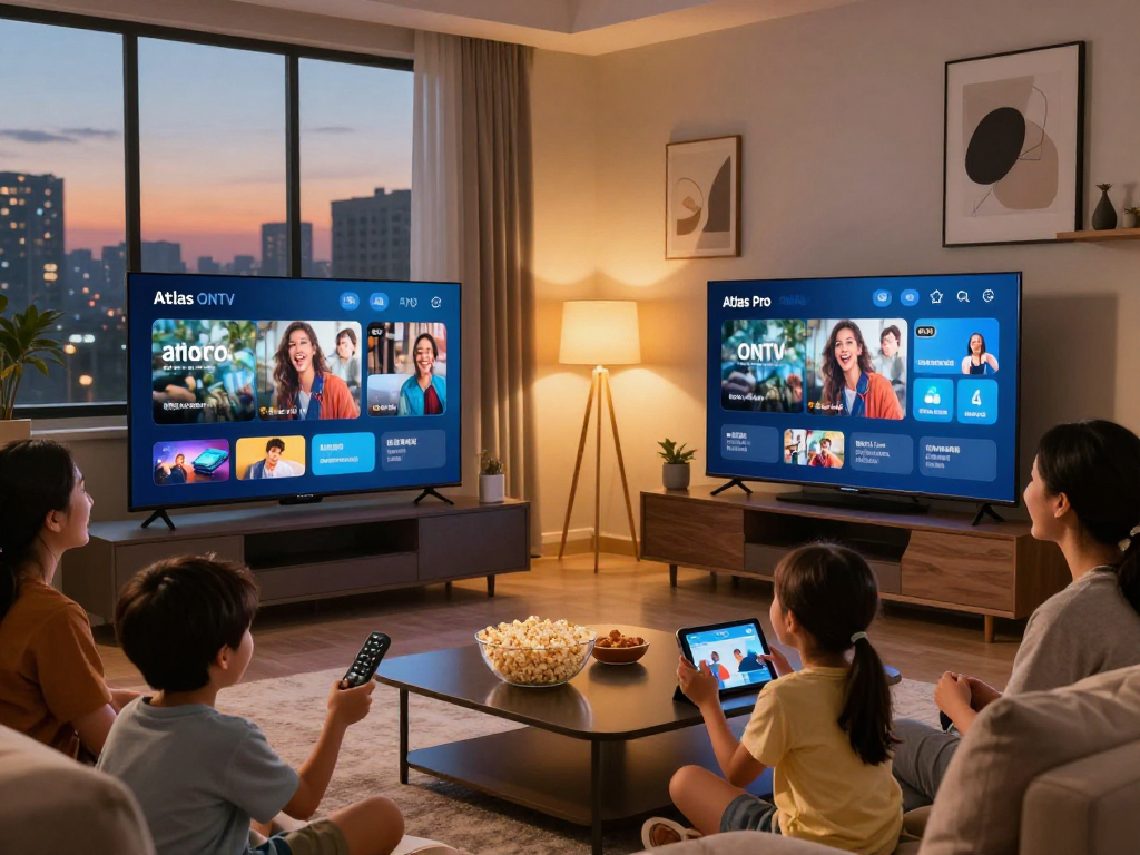 Famille utilisant l'application atlas pro pour regarder des films dans leur salon moderne, ambiance chaleureuse.