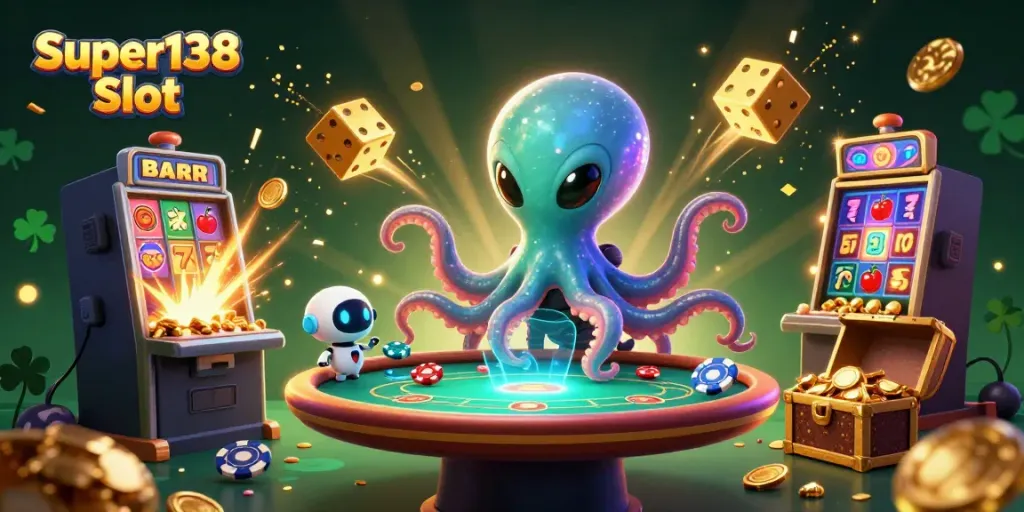 Experience the thrill of Super138 Slot with an alien octopus at a holographic poker table, surrounded by casino excitement.