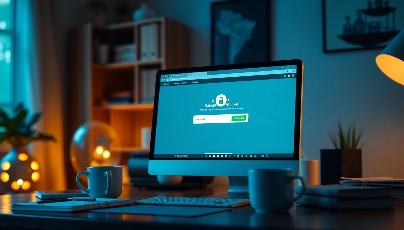 Downloading a vpn free download on a computer screen in a cozy home office setting.