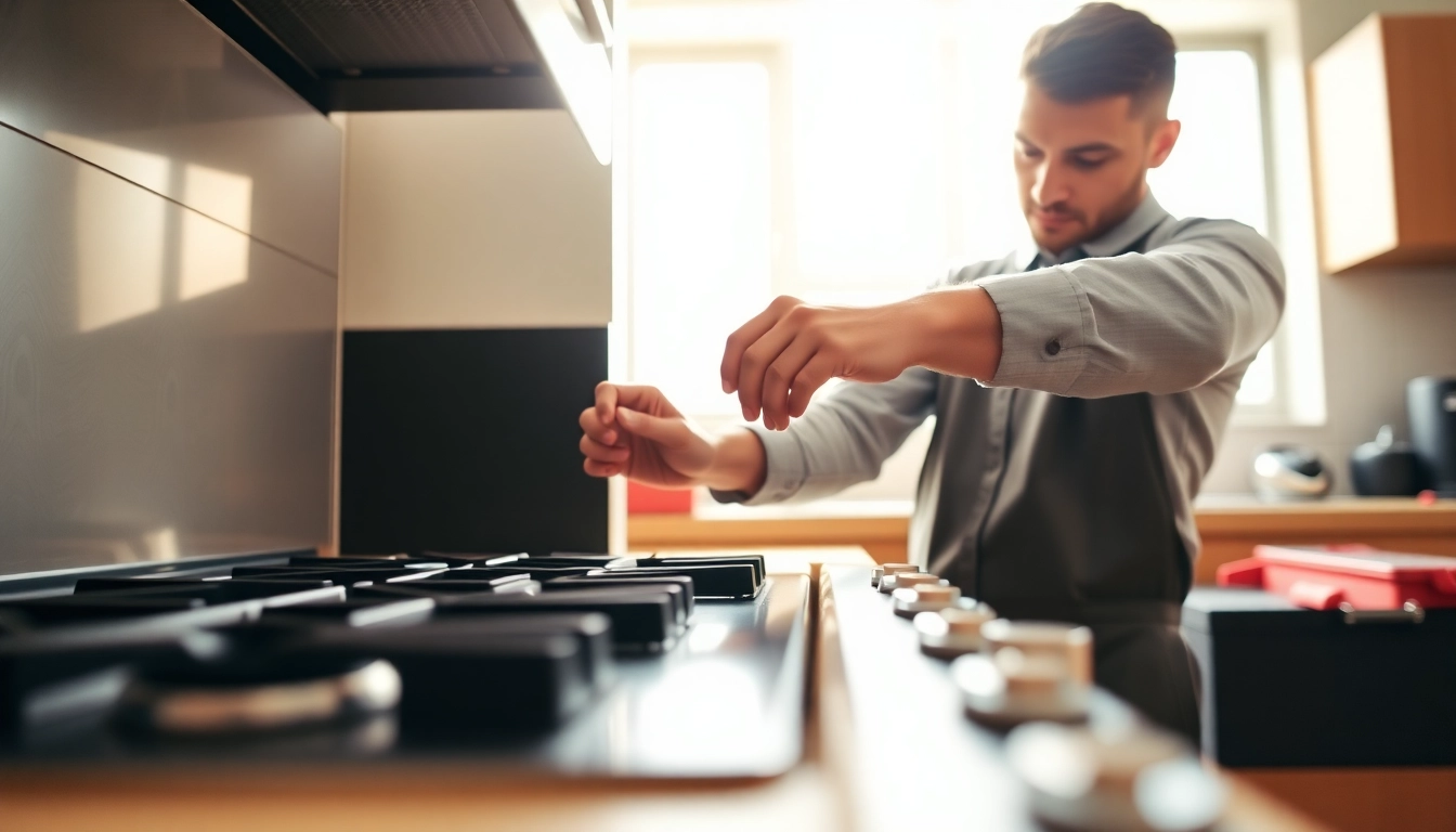 Expert gas stove repair near me by a technician in a modern kitchen setting.