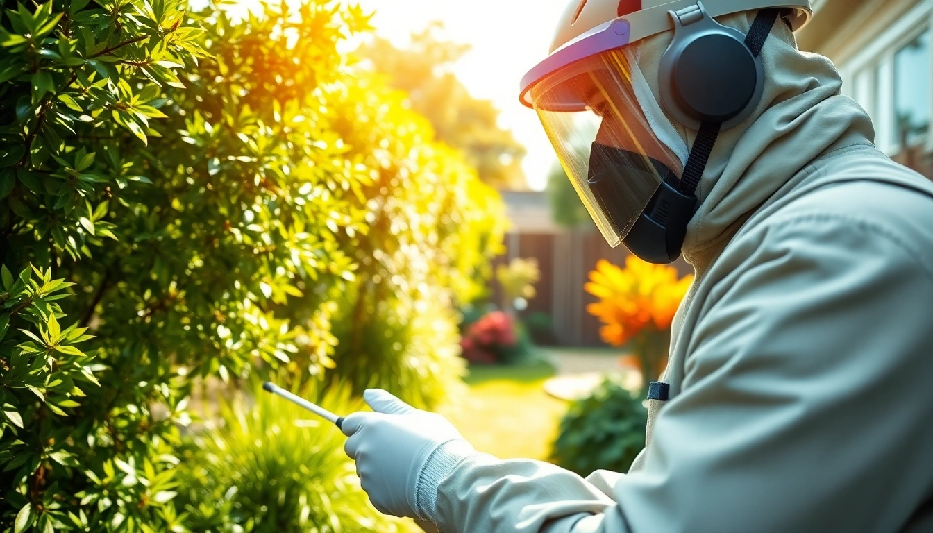 Apply millipede control treatment by a pest control expert in vibrant garden setting.
