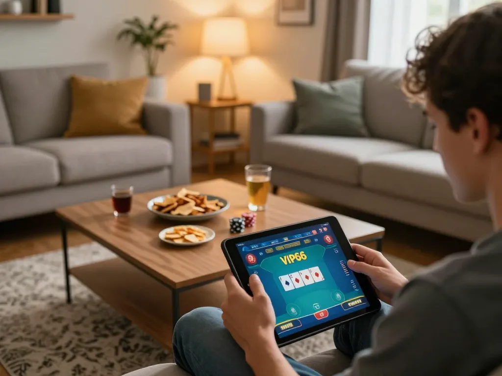 Playing vip66 poker game on a tablet creates a cozy online gaming atmosphere.