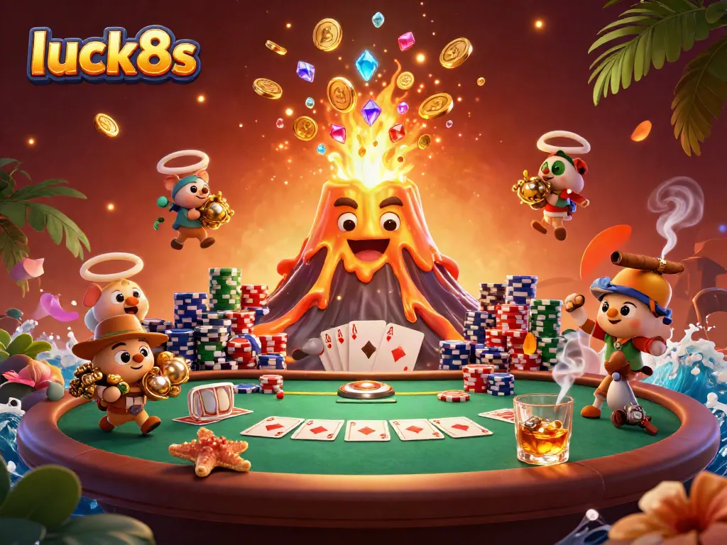 Experience the excitement of luck8s with golden treasure erupting from a volcano and dynamic poker elements.