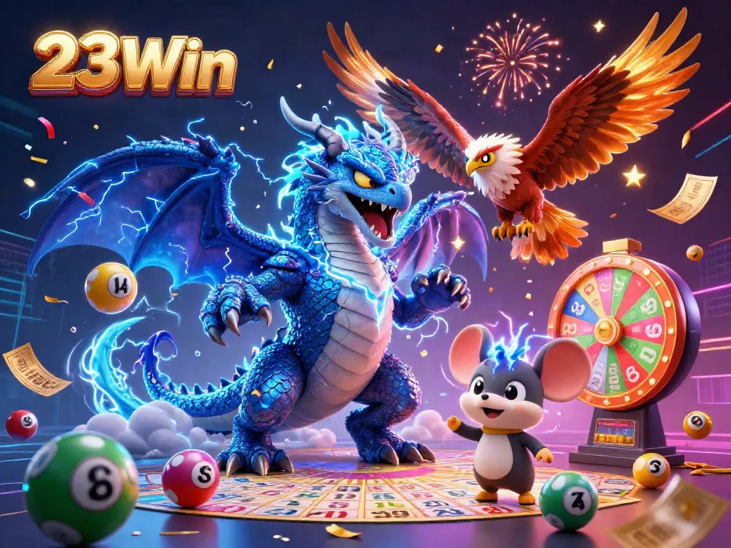 Experience thrilling gaming with 23Win's vibrant 3D illustration showcasing exciting lottery elements.