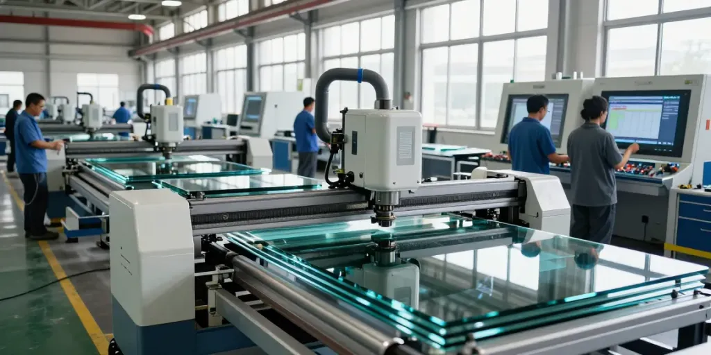 Glass machine manufacturers operating a modern production line in a high-tech facility.