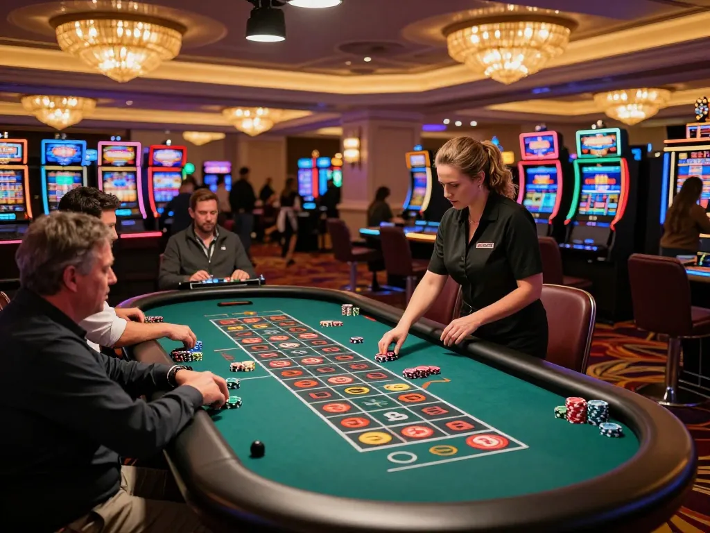 DABET roulette table action with players betting and a professional croupier managing the game, showcasing a vibrant casino atmosphere.