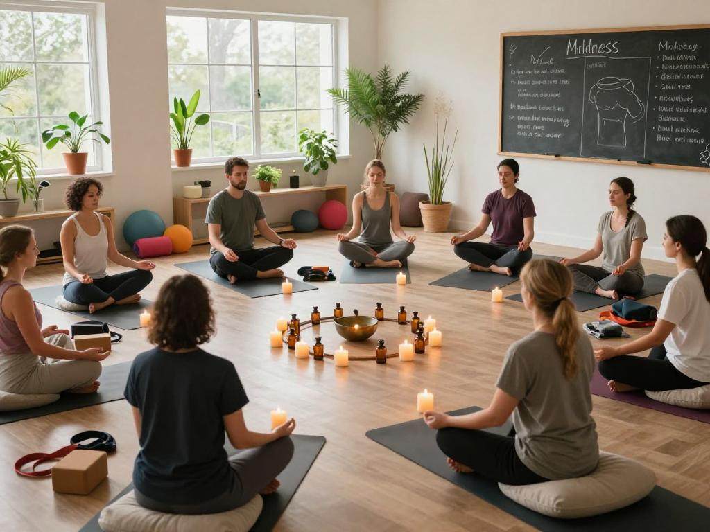 Participants practicing mindfulness with mantra88 in a serene wellness workshop setting.