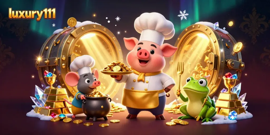 luxury111 offers dynamic casino experiences by showcasing gold coins and vibrant characters in an engaging 3D scene.