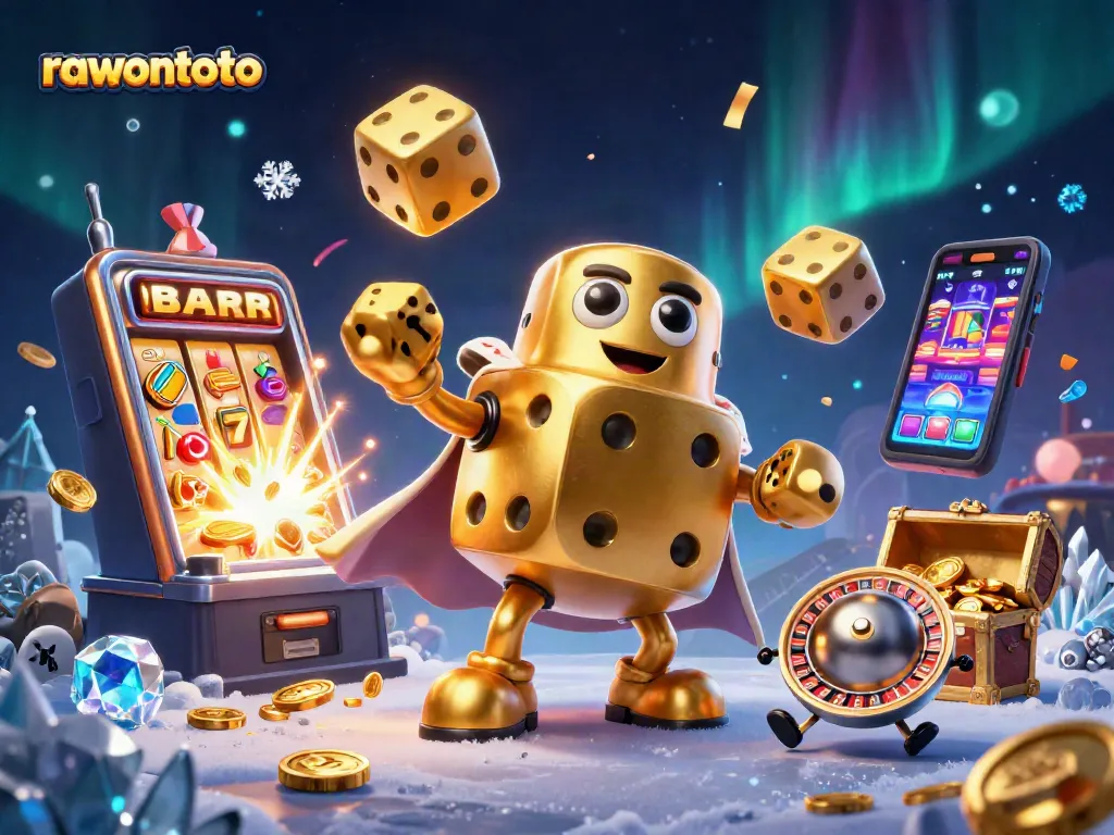 Bernostalgia dengan pengalaman permainan di rawontoto, menggambarkan dadu emas menggelinding dan mesin slot jackpot.