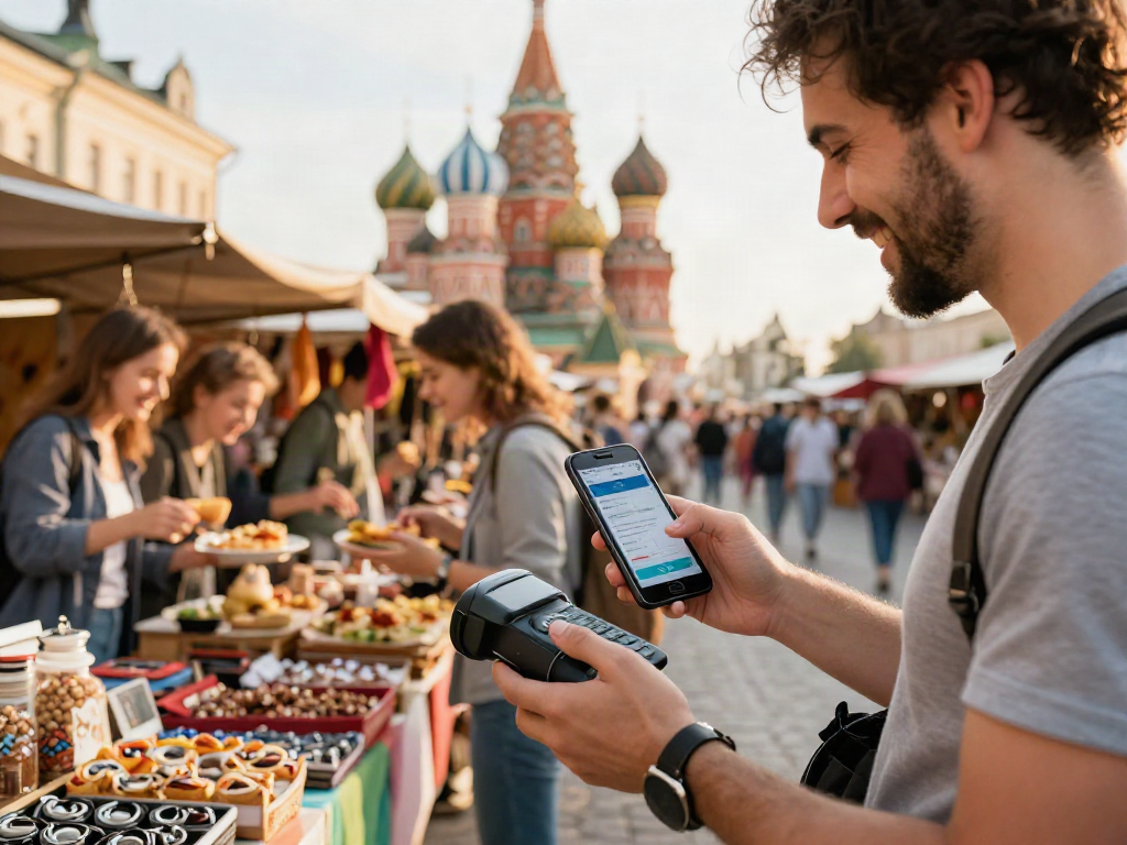 Pengembara menggunakan https://payinrussia.com/ untuk pembayaran mudah di pasar tempatan yang meriah.