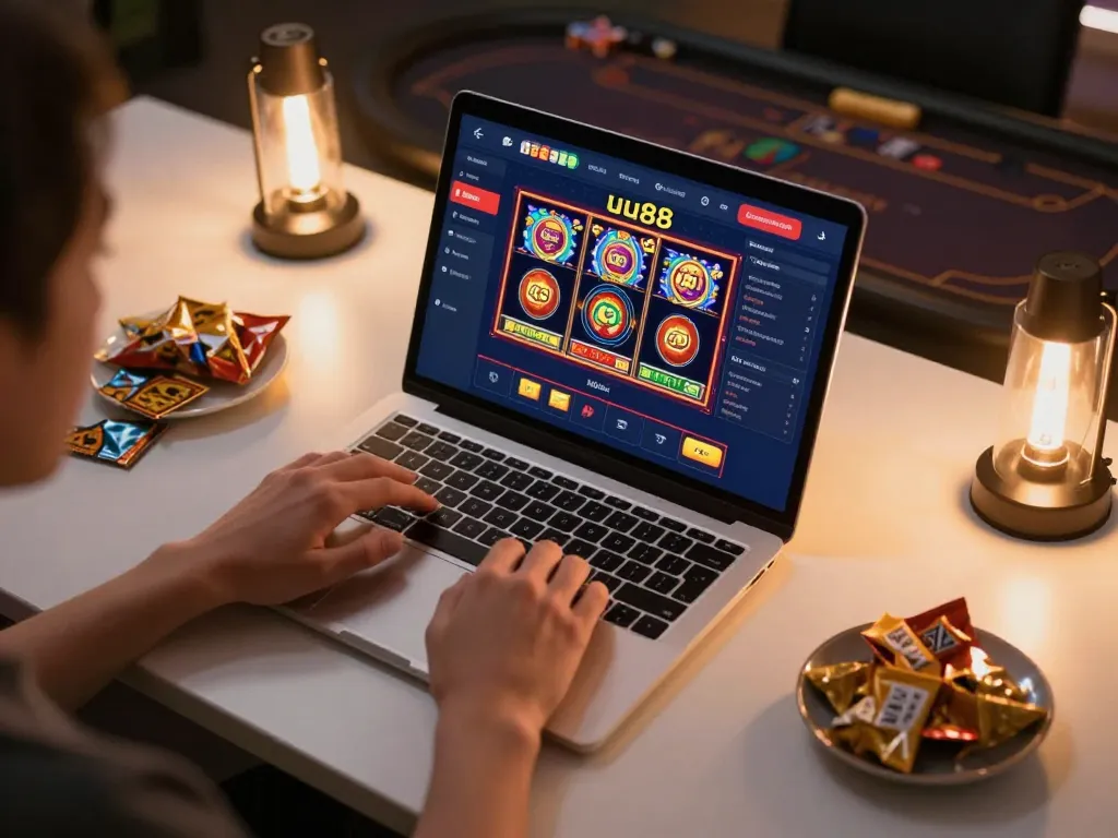 Player using the uu88 online casino platform on a laptop, showcasing an engaging gaming atmosphere