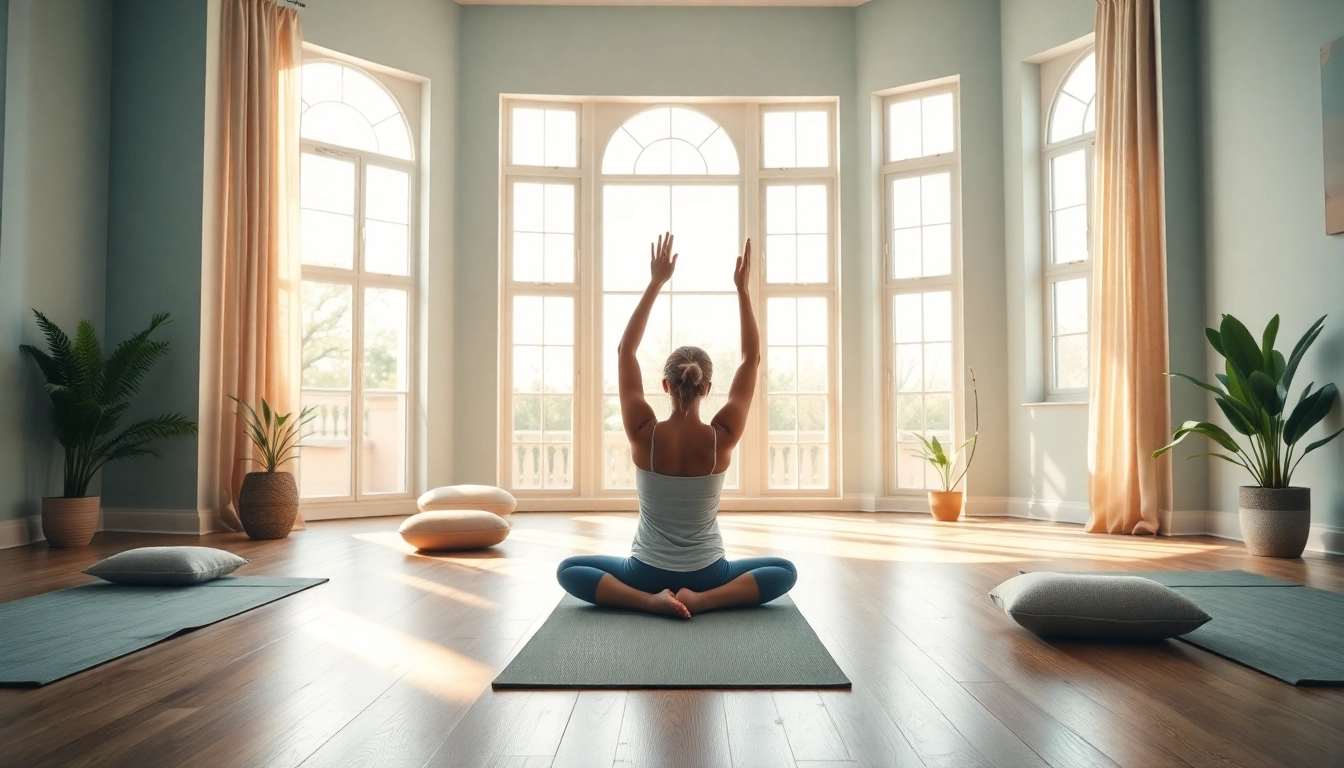 Engaging yoga pose symbolizing a natural back pain solution in a tranquil studio setting.