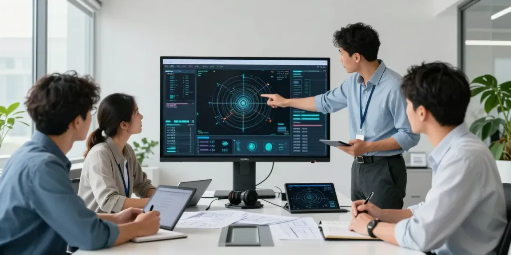 Engineers working on an ino Tec scanning project in a modern office.