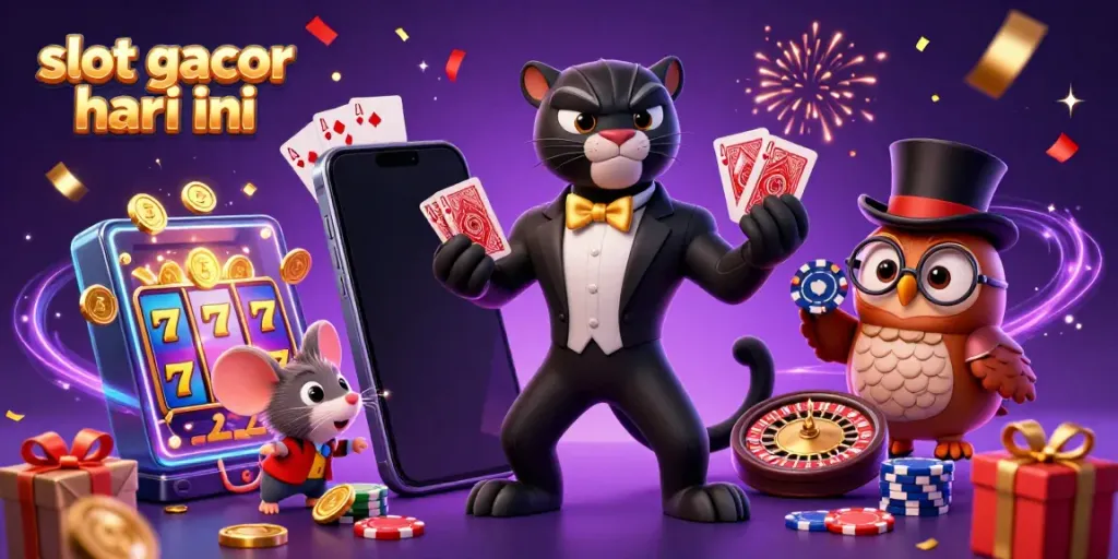 Slot gacor hari ini ditampilkan dalam ilustrasi 3D dengan karakter kartun dan elemen permainan yang menarik.