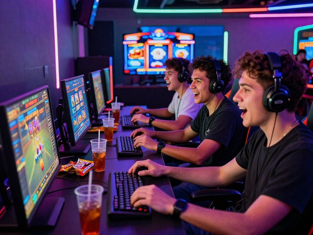 Raja328 link showcases friends enjoying online gaming dynamics in Indonesia with vibrant atmosphere and tech elements.