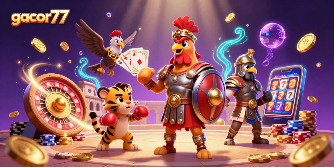 Mengakses gacor77 melalui ilustrasi 3D menampilkan karakter ayam jantan mengenakan armor dengan koin emas dan harta karun berserakan, menciptakan suasana kasino yang meriah.