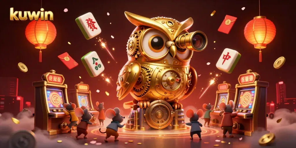 Kuwin's vibrant casino scene featuring a clockwork owl, dynamic slot machines, and festive decorations.