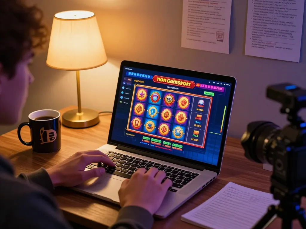 Engaging with non Gamstop casinos on a laptop, showcasing vibrant slot games and cozy setup.
