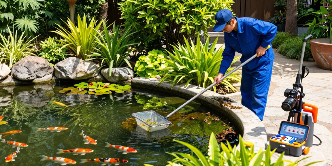 Professional Pond Cleaning Surrey in action, technician removing debris from a tranquil backyard pond with vibrant plants.